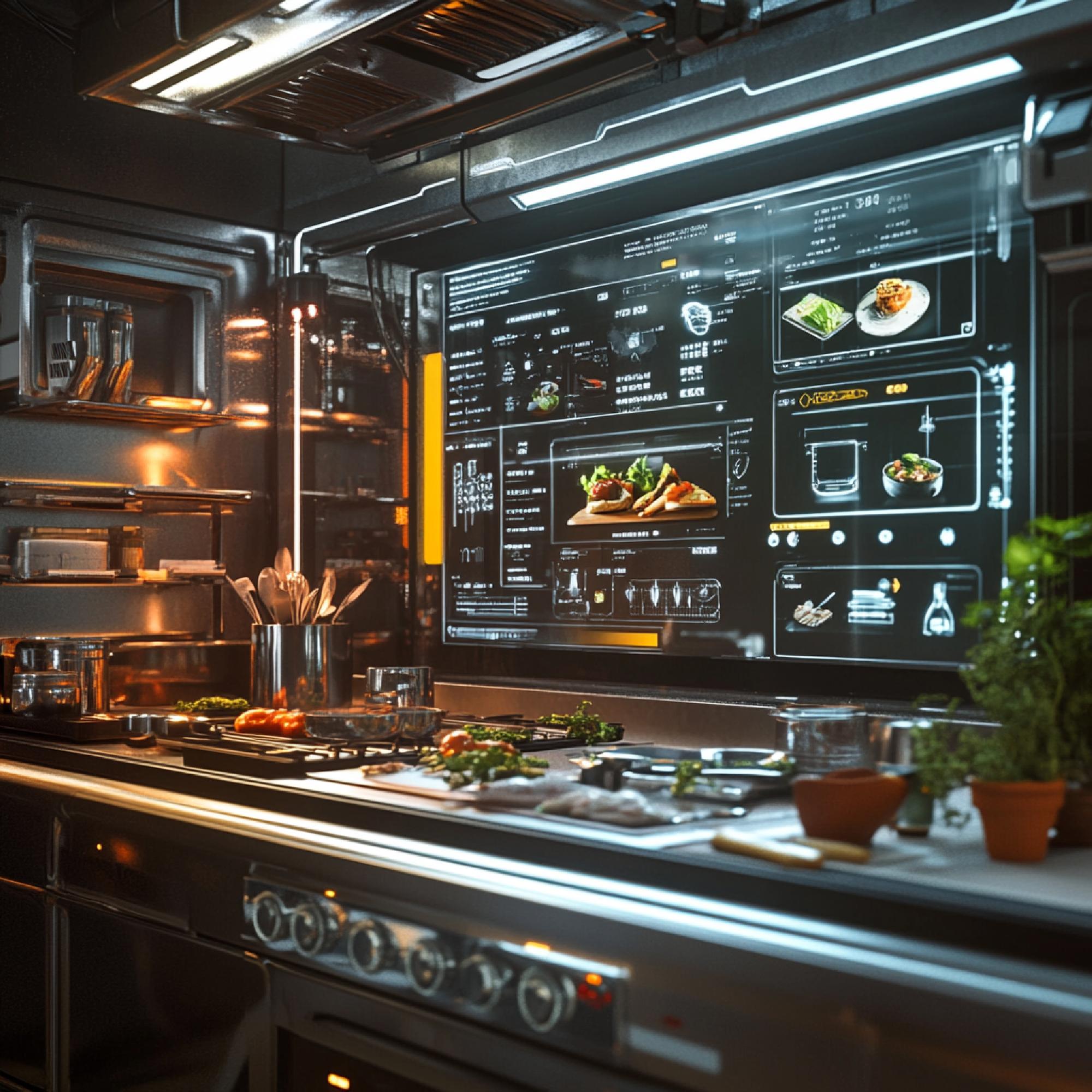 Studio cucina high-tech con strumenti e schermi
